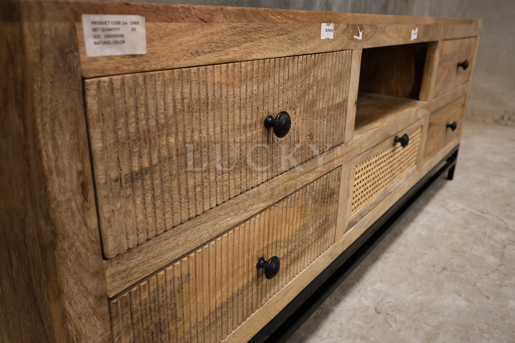 Rattan and mango wood tv stand.