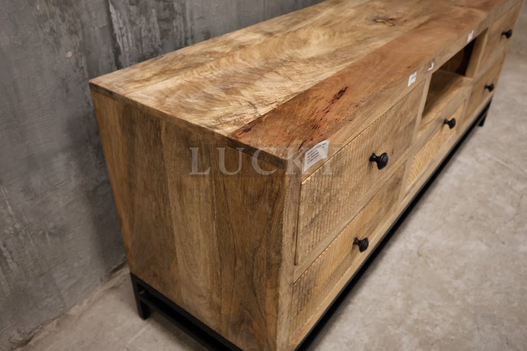 Rattan and mango wood tv stand.