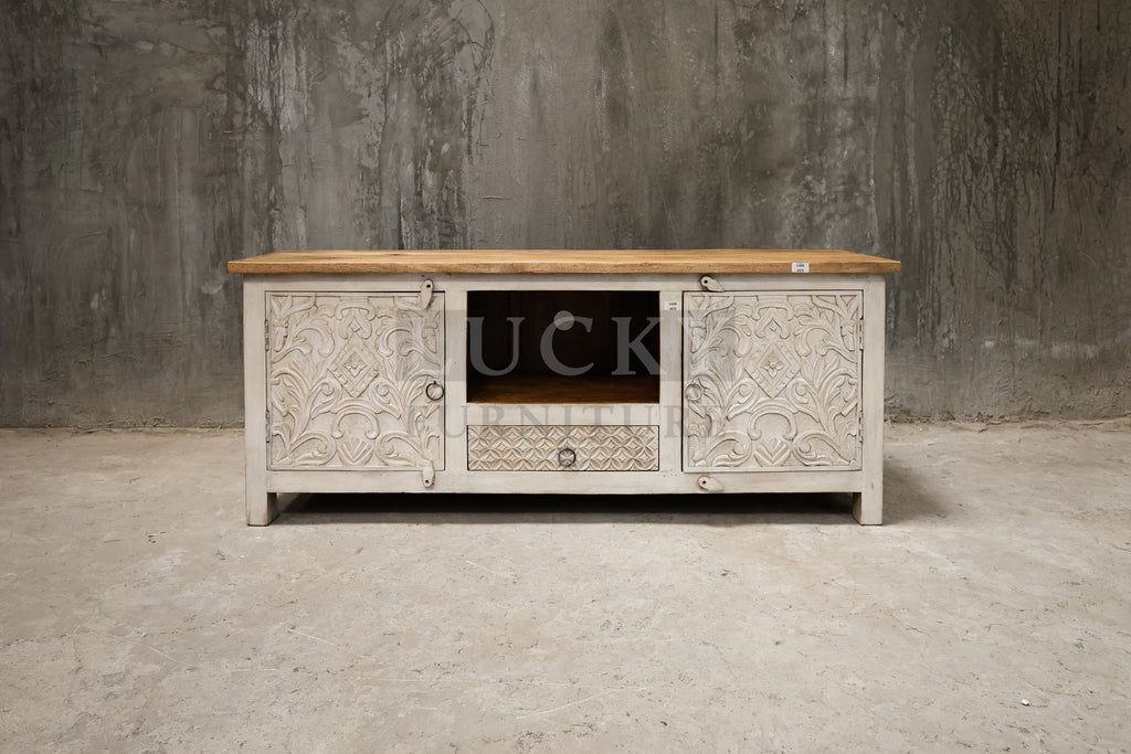 Carved two tone tv stand.