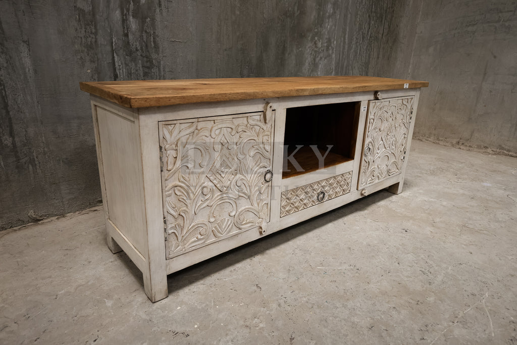 Carved two tone tv stand.