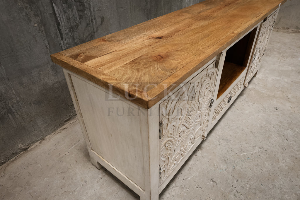 Carved two tone tv stand.
