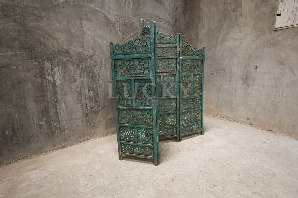 Vibrant carved room divider.