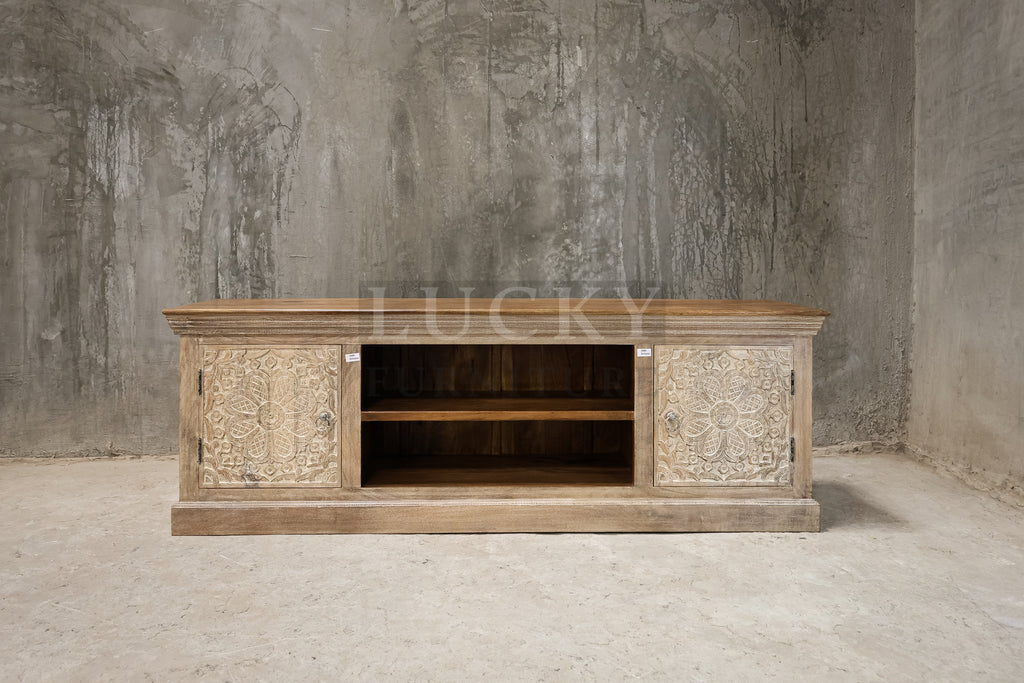 Carved two tone tv stand.