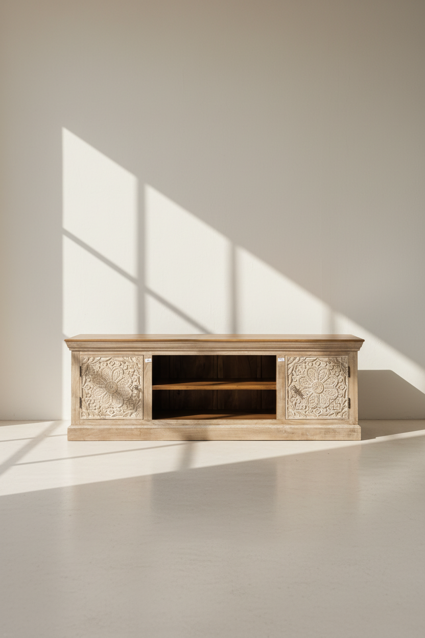 Carved two tone tv stand.