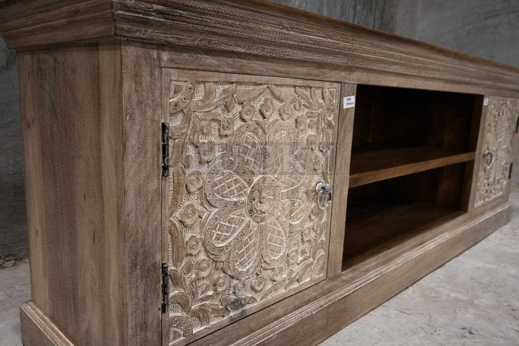 Carved two tone tv stand.