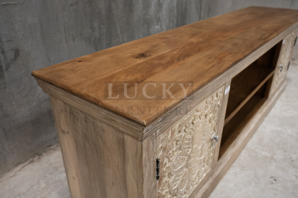 Carved two tone tv stand.