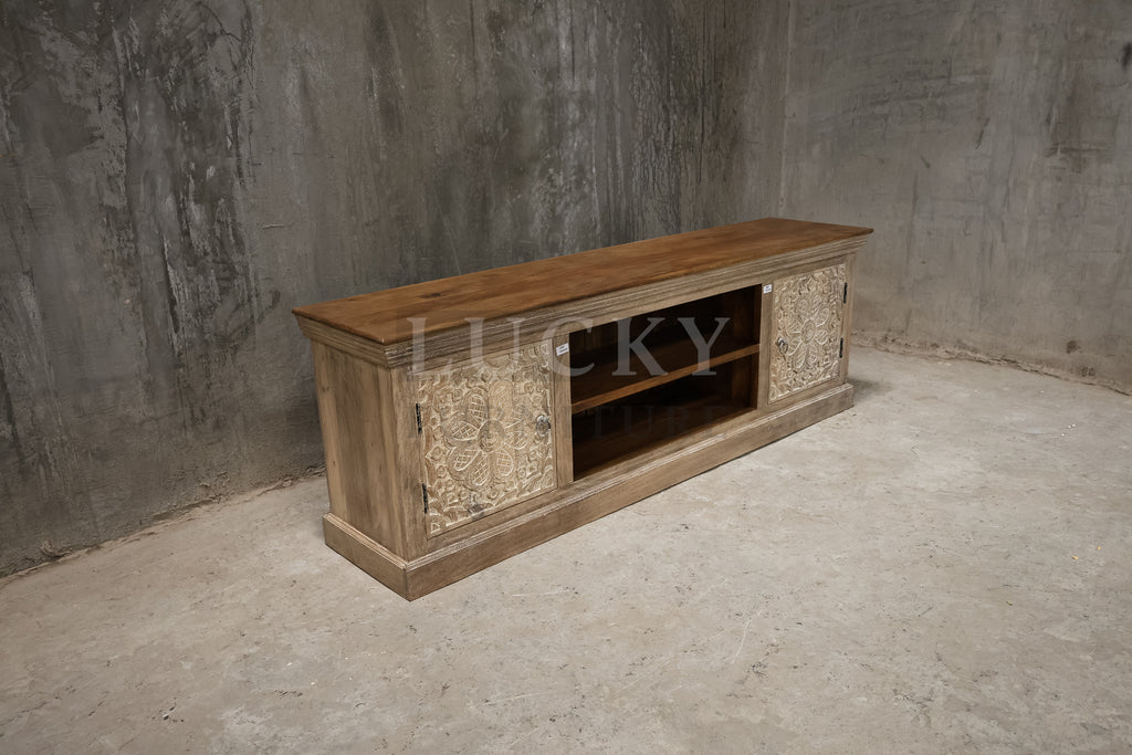 Carved two tone tv stand.