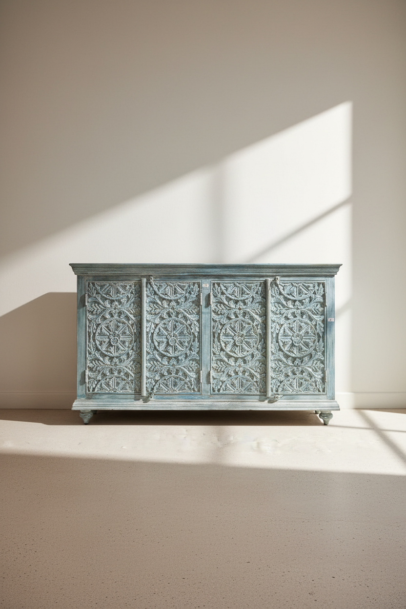 Vibrant sky blue carved sideboard.