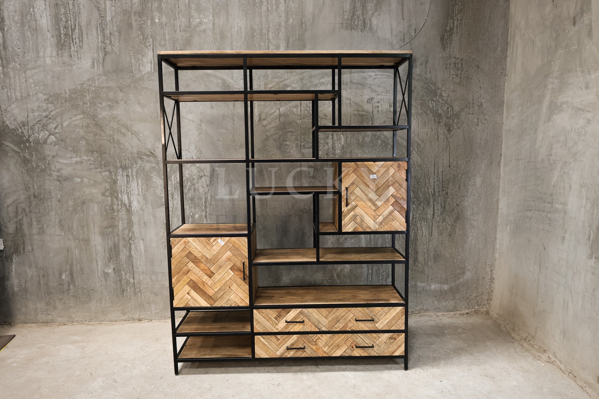 Herring bone mango wood and metal bookshelf.