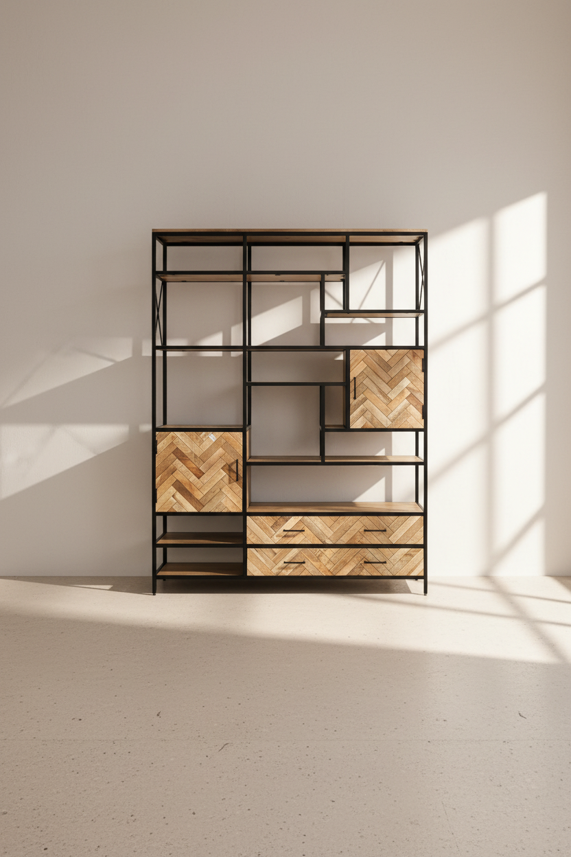 Herring bone mango wood and metal bookshelf.