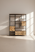 Herring bone mango wood and metal bookshelf.