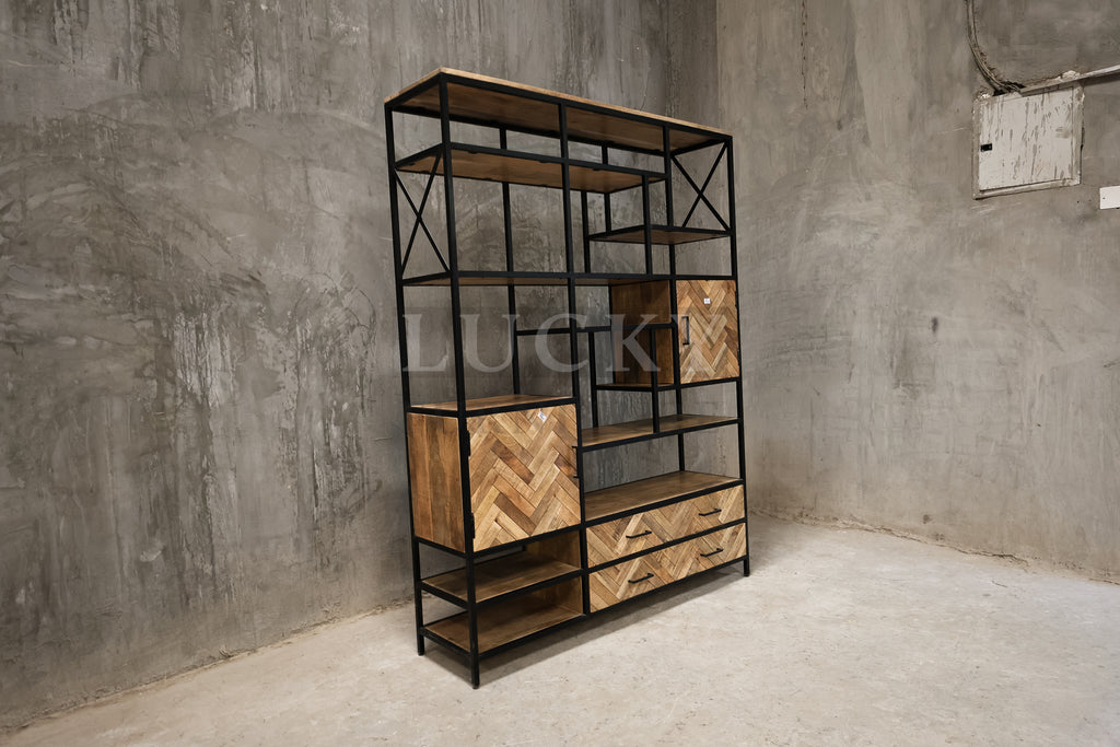 Herring bone mango wood and metal bookshelf.