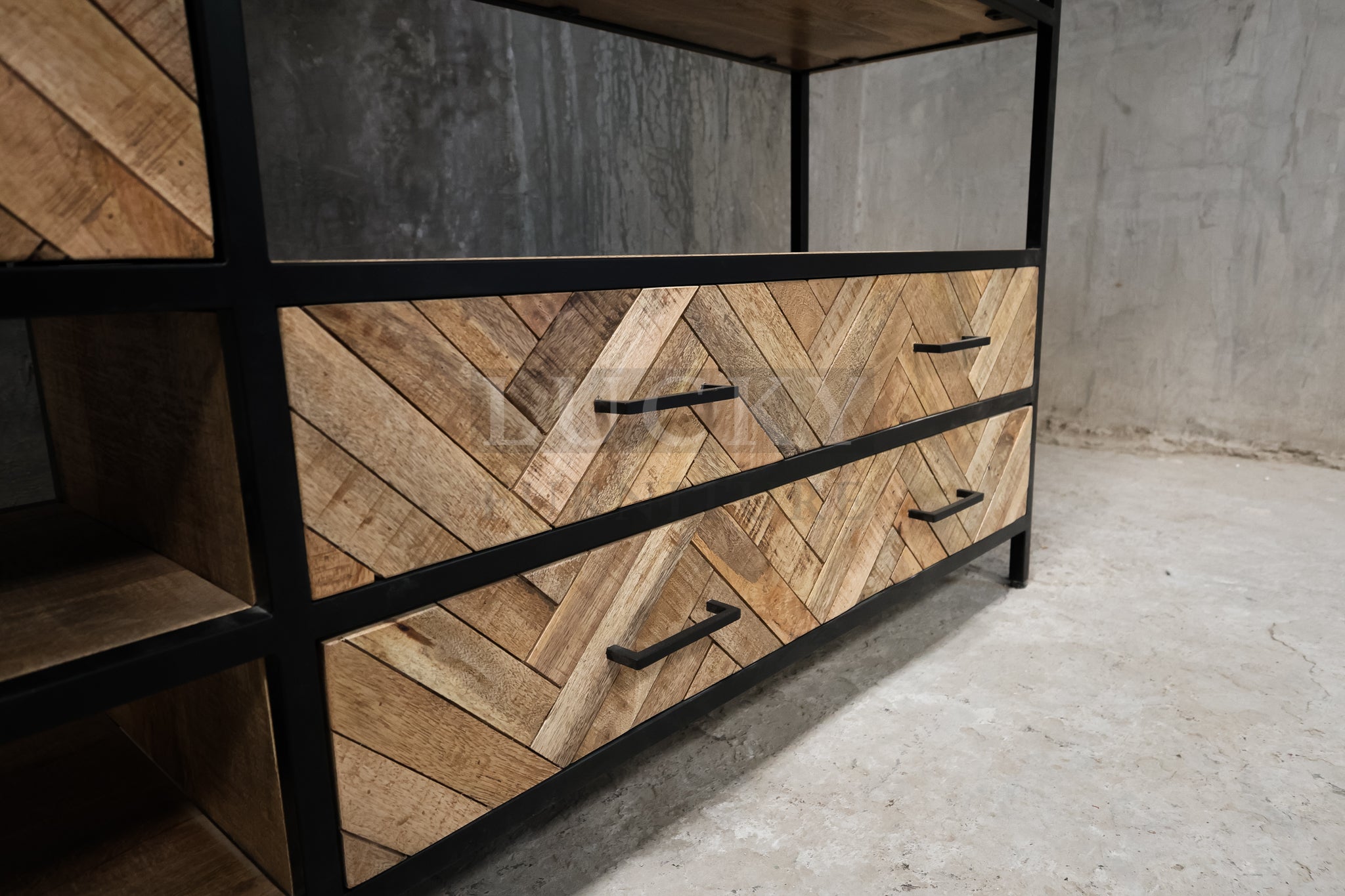 Herring bone mango wood and metal bookshelf.