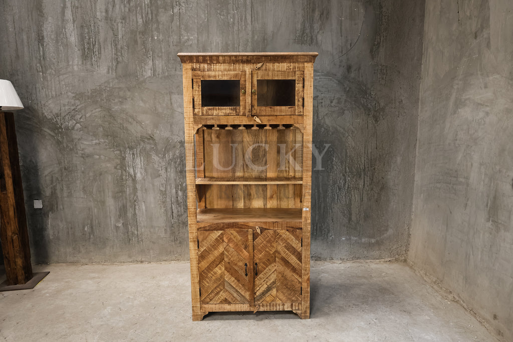 Mango wood herring bone bar cabinet.