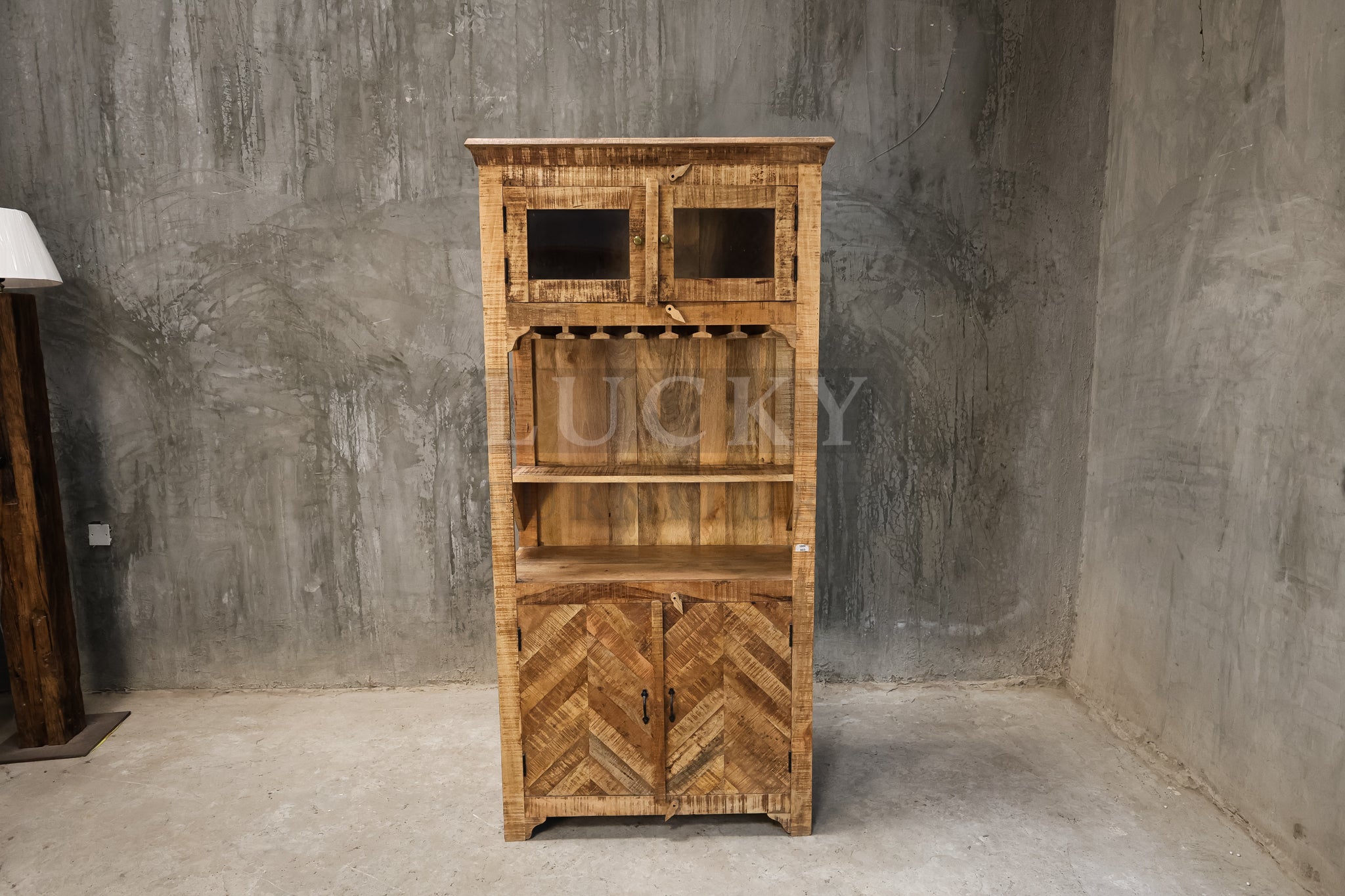 Mango wood herring bone bar cabinet.