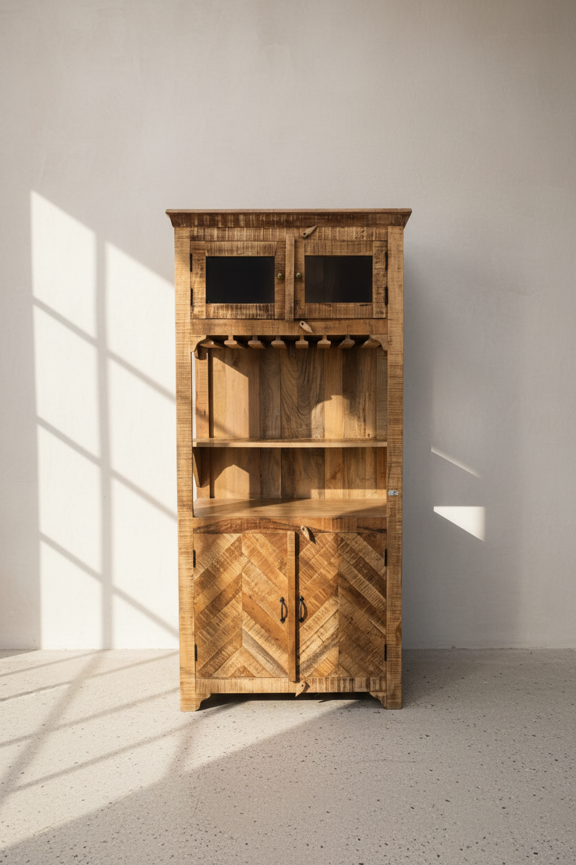 Mango wood herring bone bar cabinet.