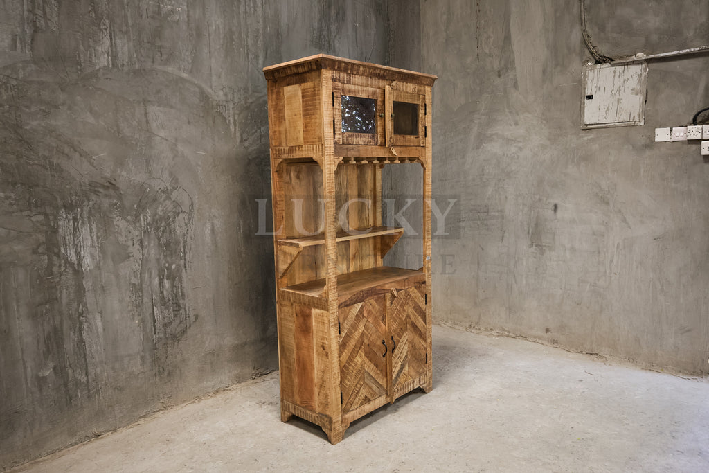 Mango wood herring bone bar cabinet.