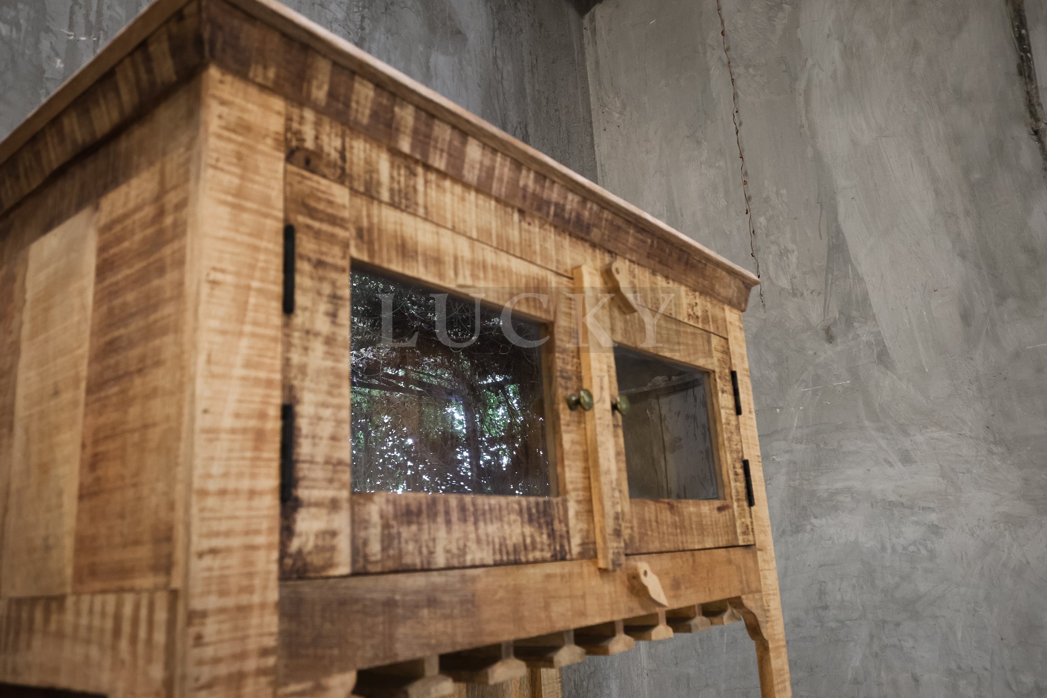Mango wood herring bone bar cabinet.