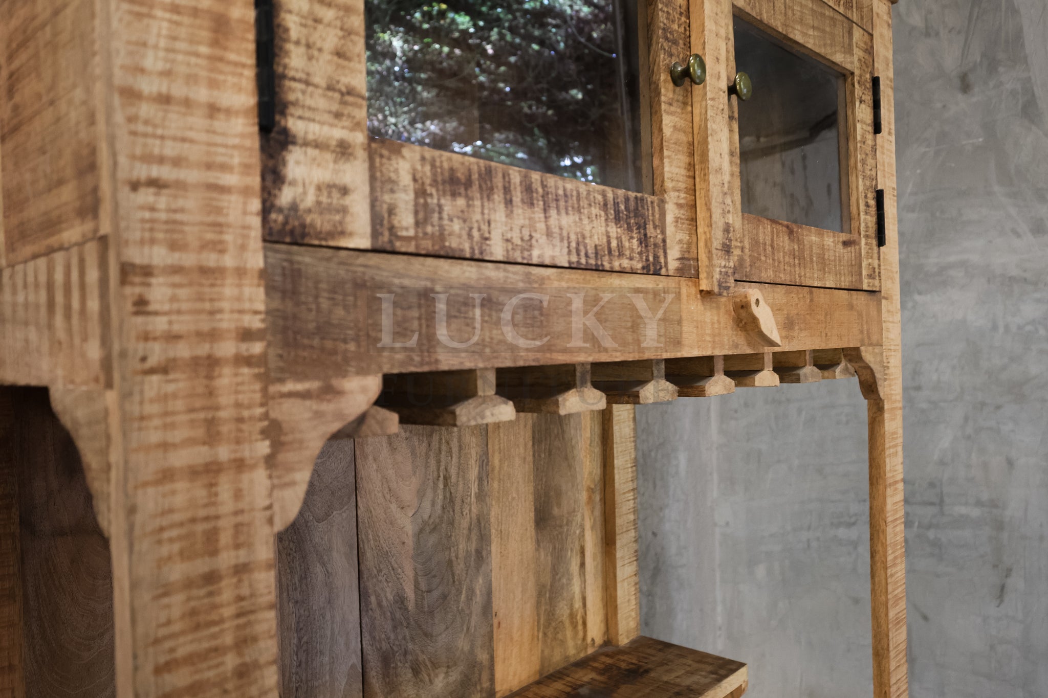 Mango wood herring bone bar cabinet.