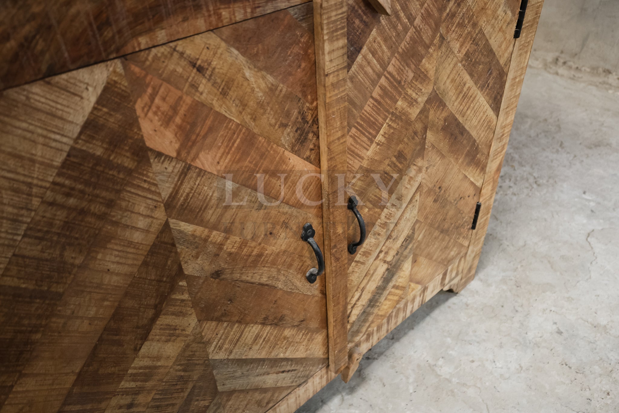 Mango wood herring bone bar cabinet.