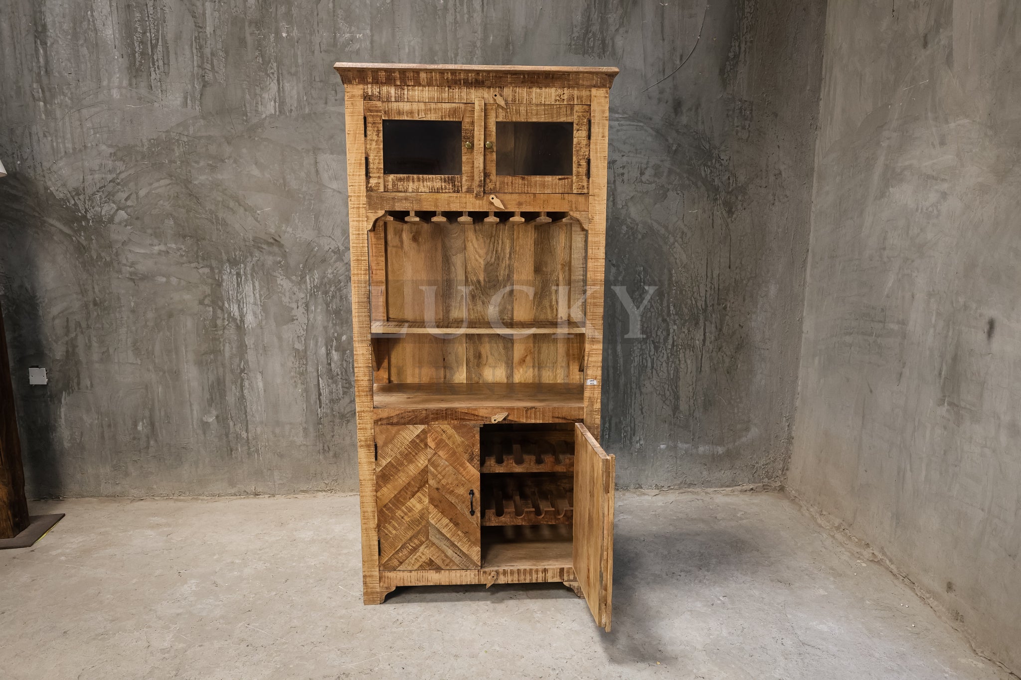 Mango wood herring bone bar cabinet.