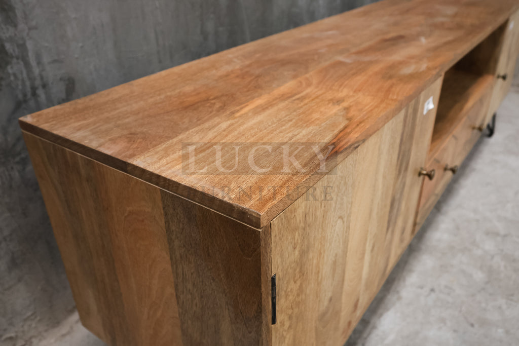 Mango wood tv stand with brass inlay and hair pin legs.