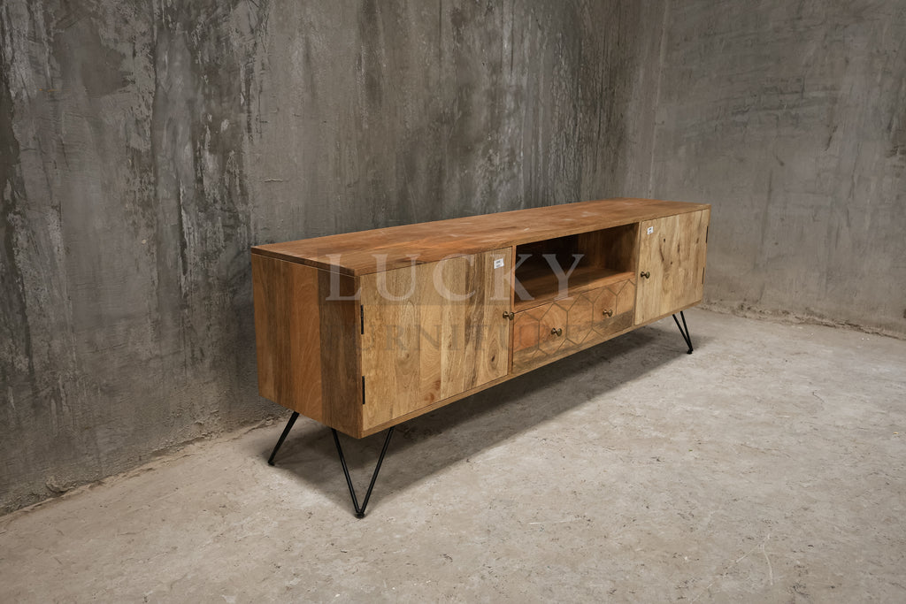Mango wood tv stand with brass inlay and hair pin legs.