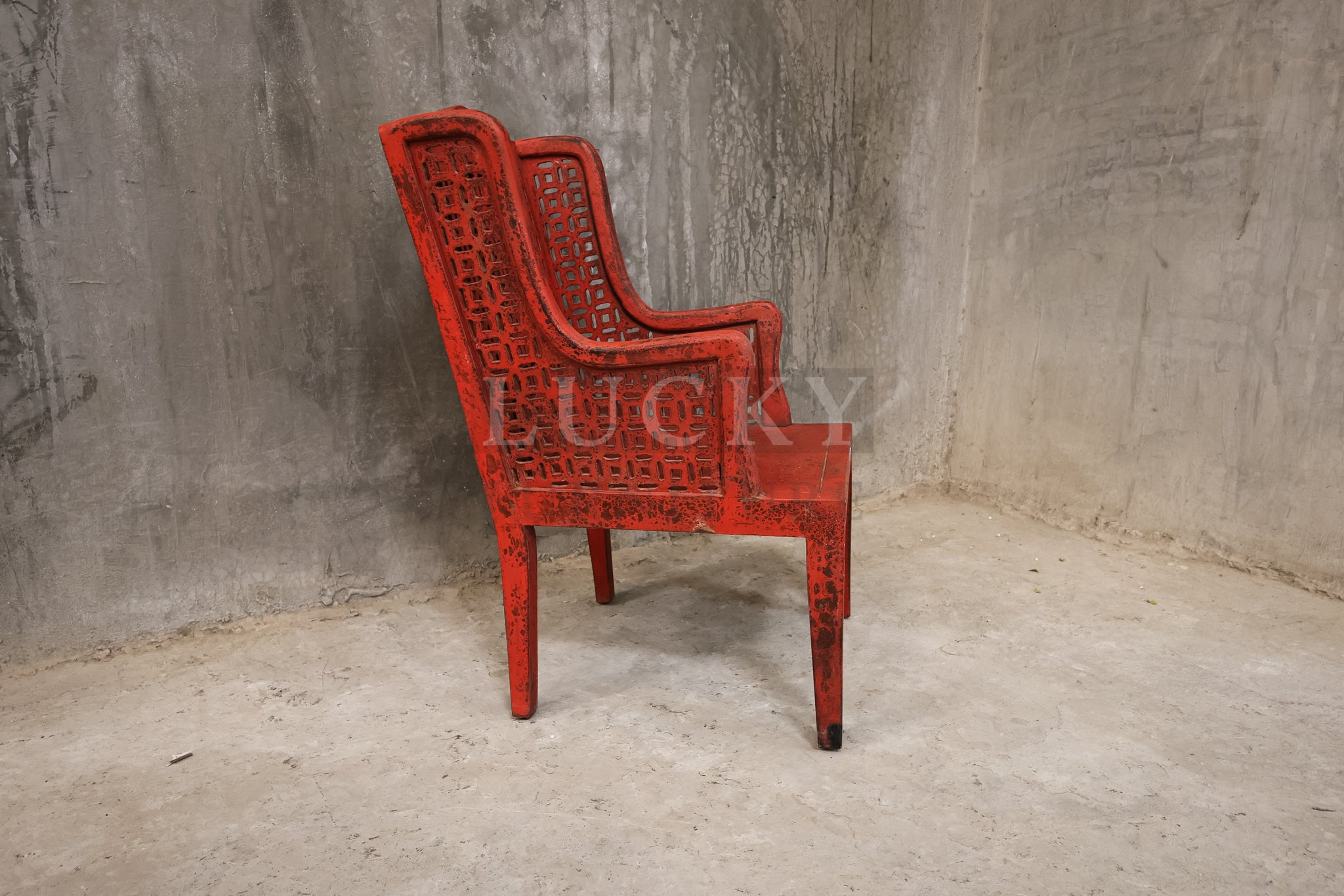 Red distressed statement chair.