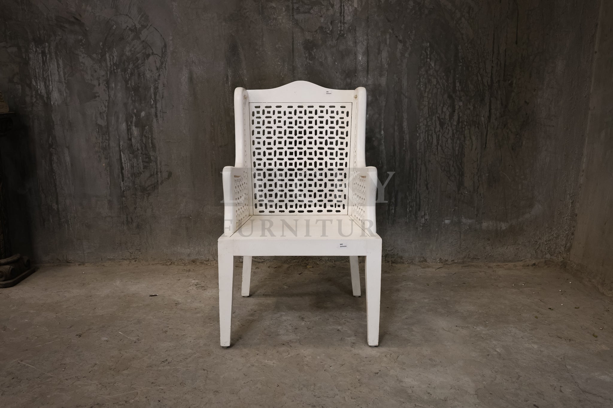 White distressed statement chair.