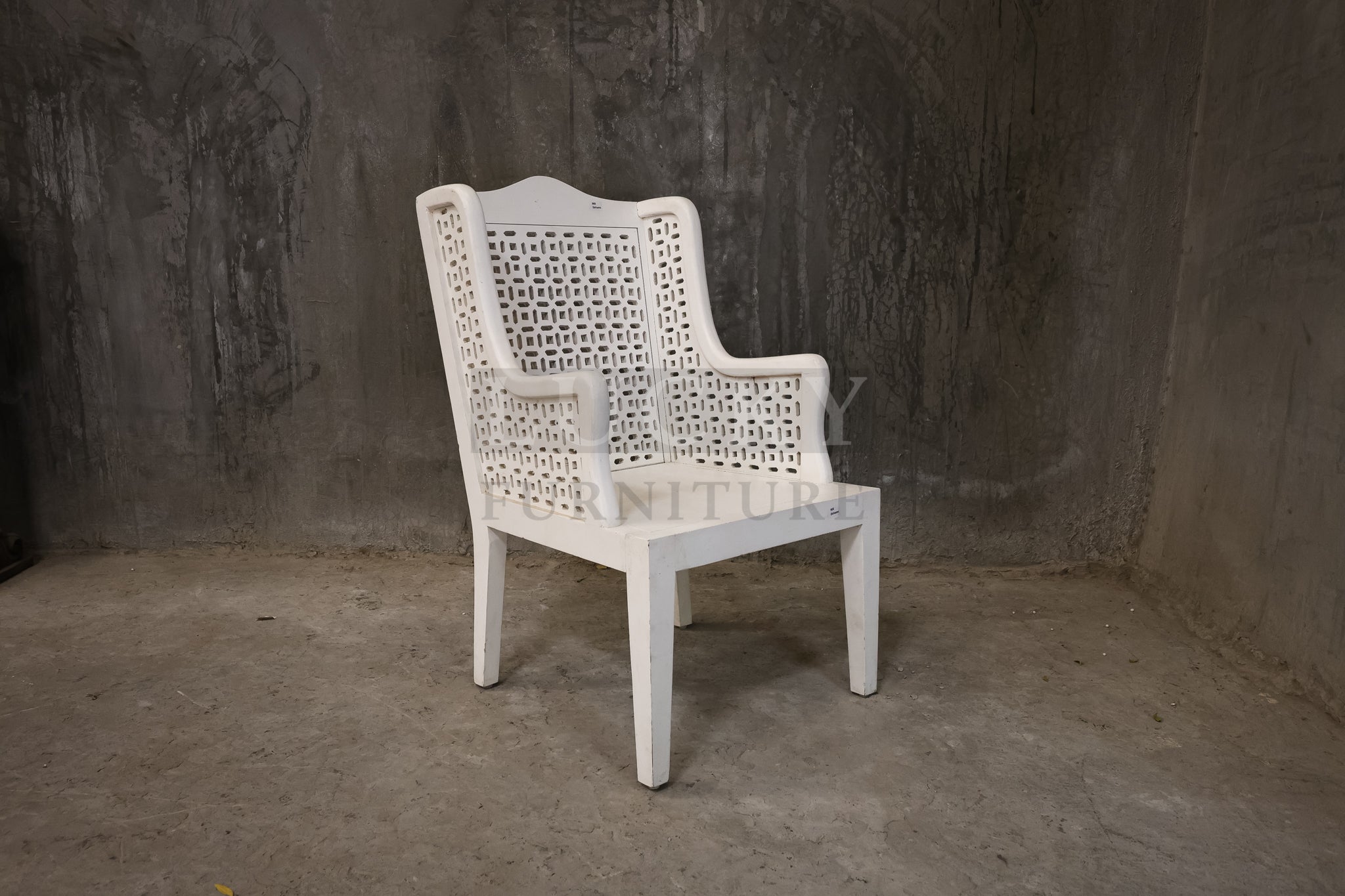White distressed statement chair.