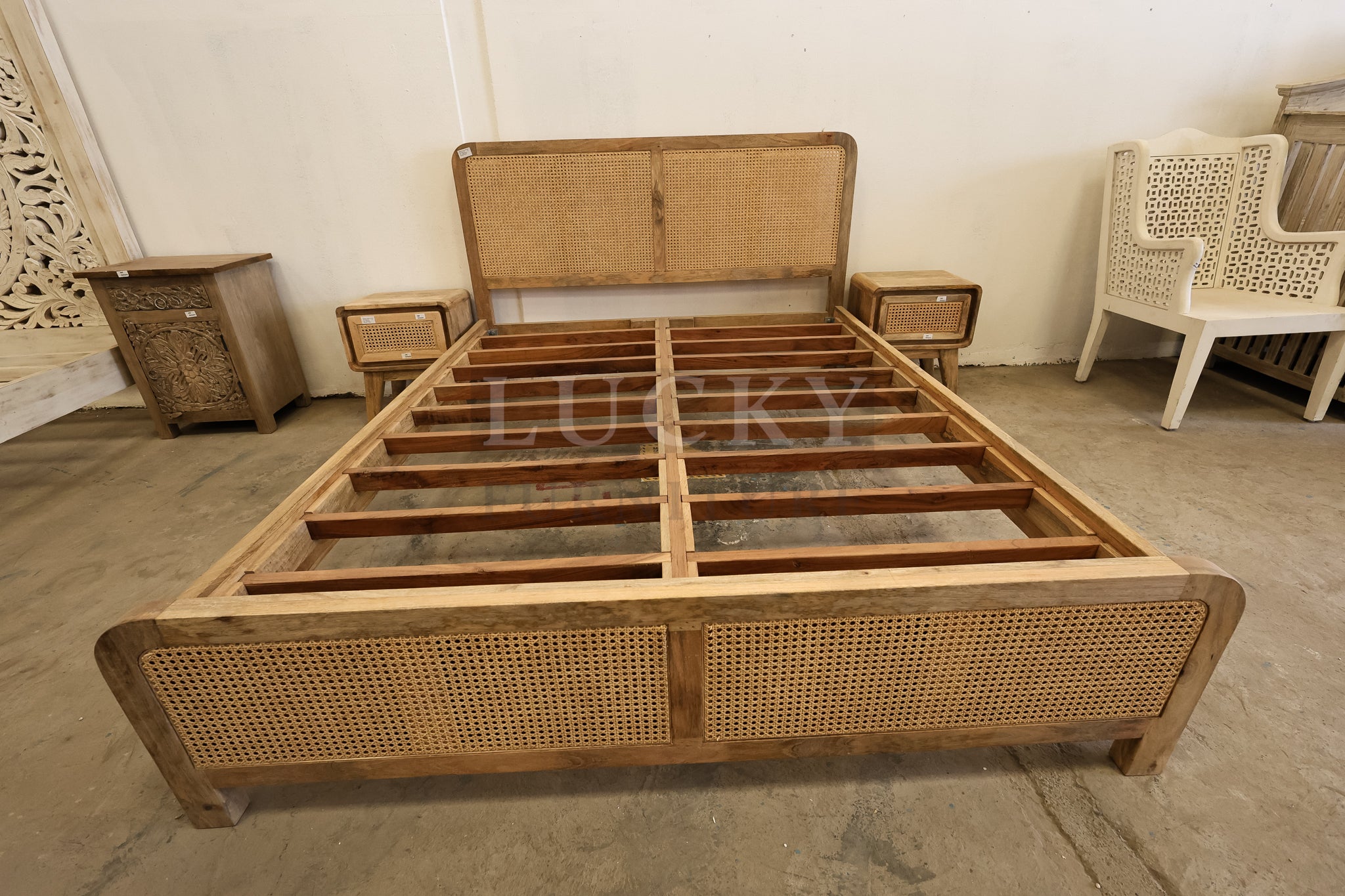 Rattan and mango wood bed.