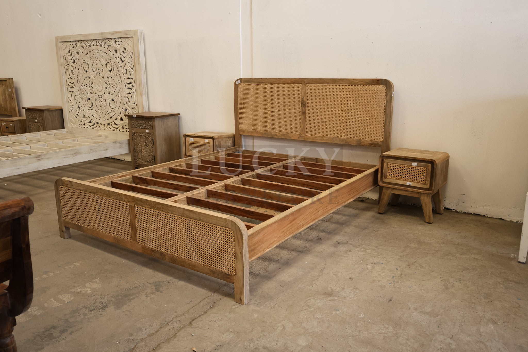 Rattan and mango wood bed.