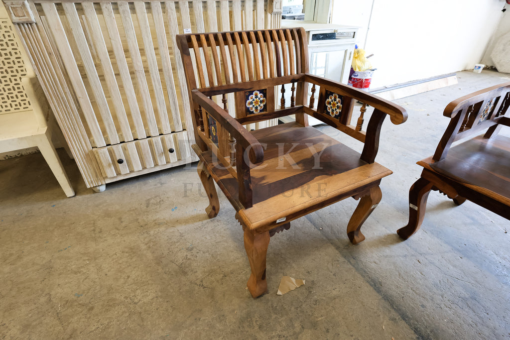 Rosewood single seater tiled bench or wooden sofa.