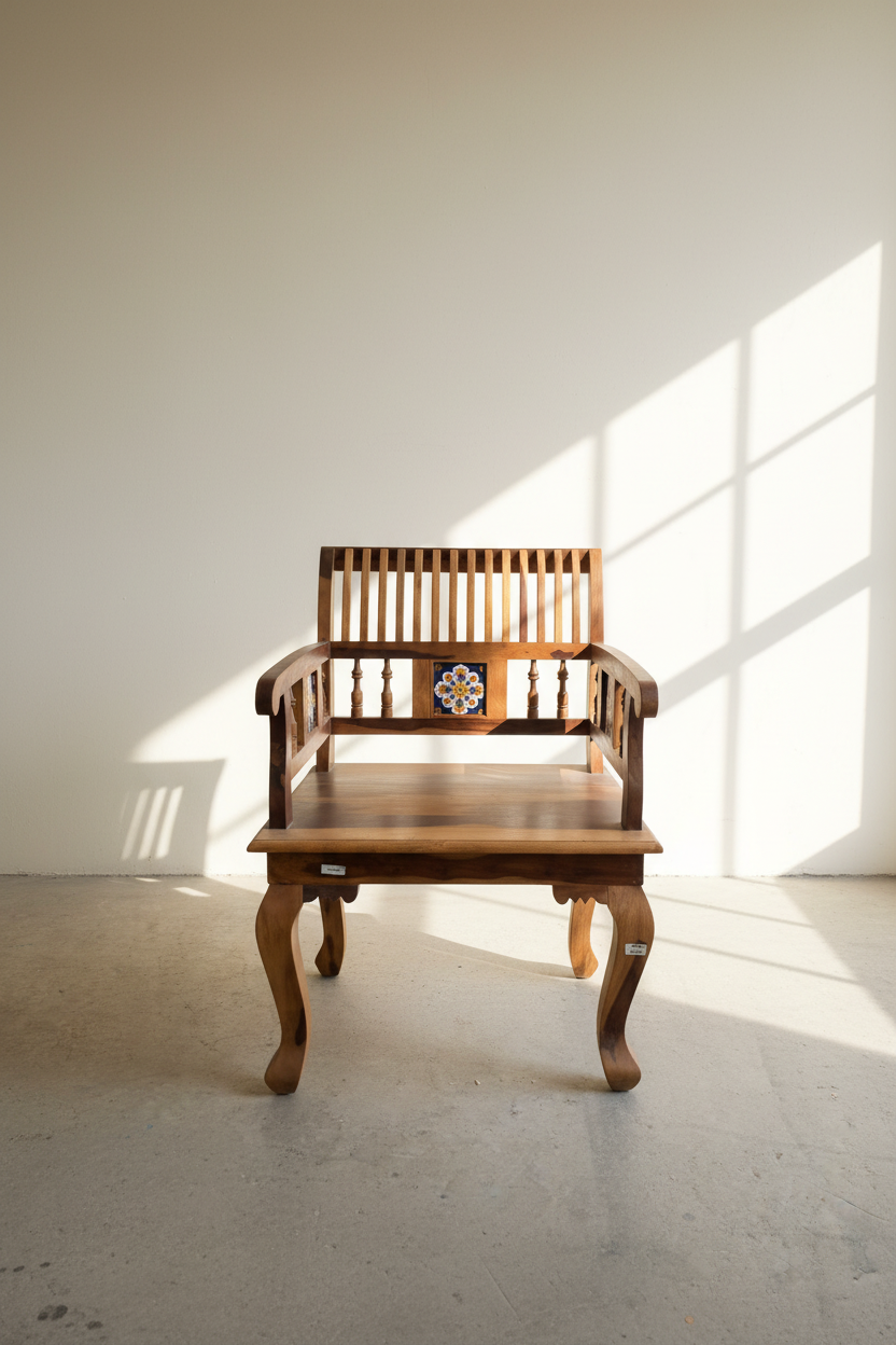 Rosewood single seater tiled bench or wooden sofa.