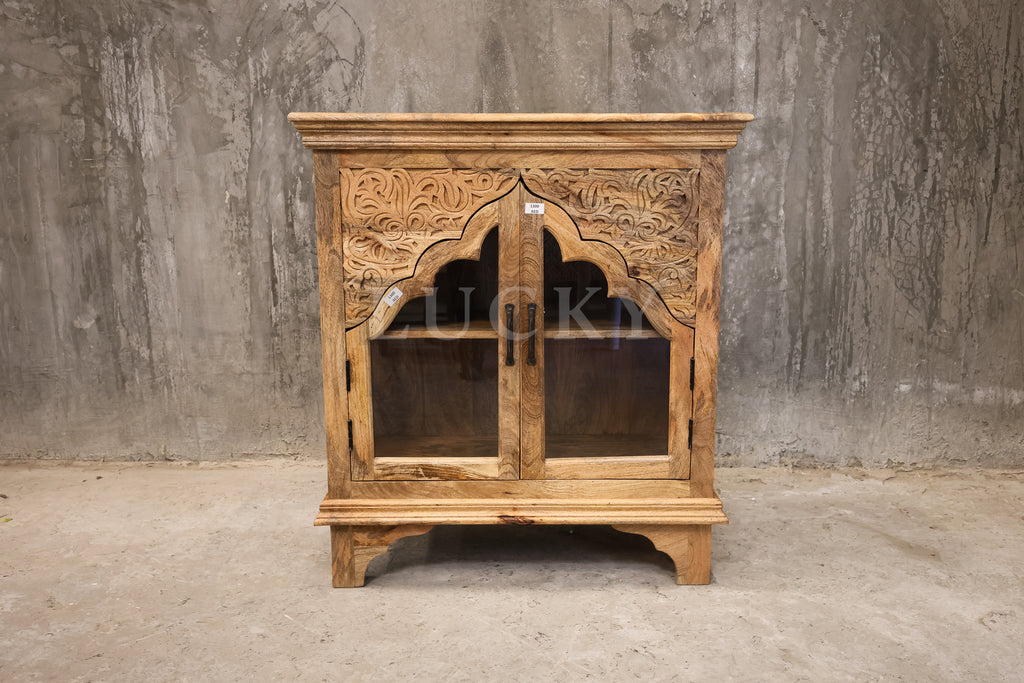 Carved mango wood glass door sideboard.