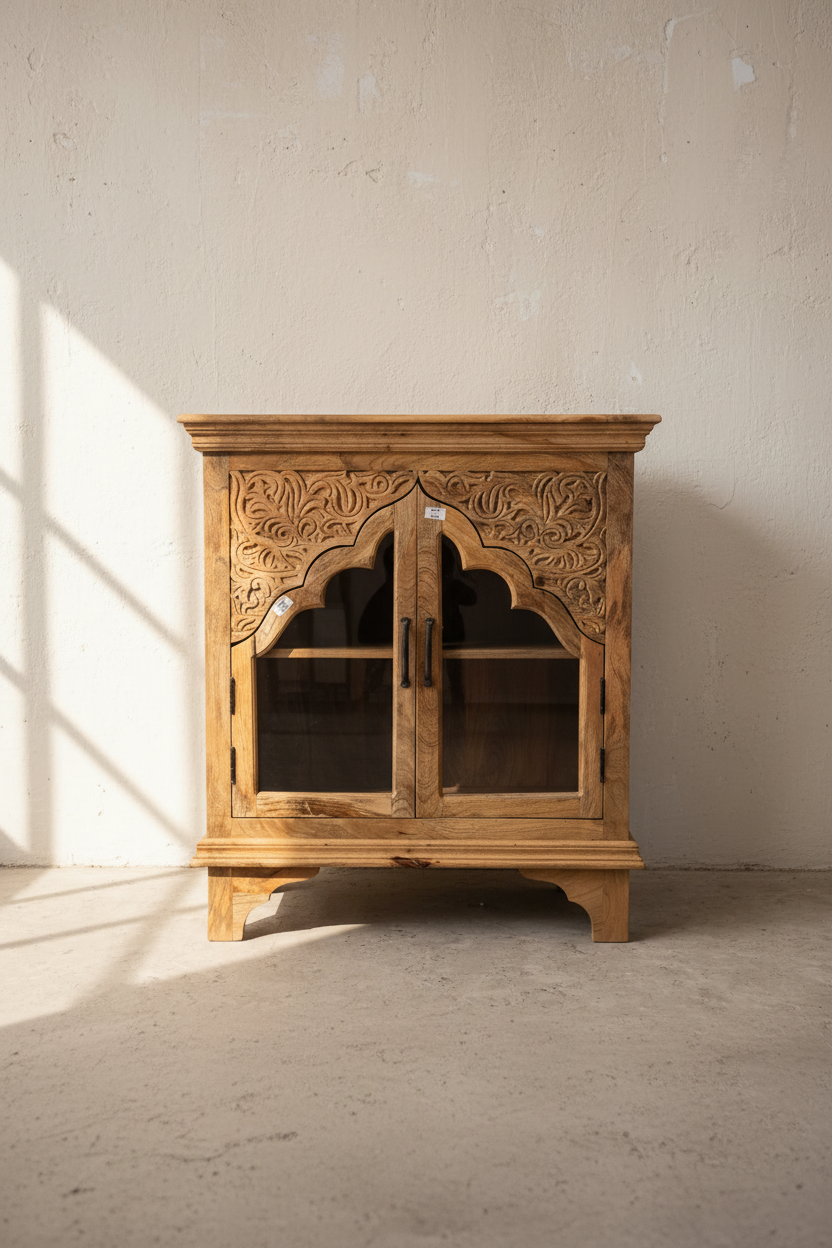 Carved mango wood glass door sideboard.