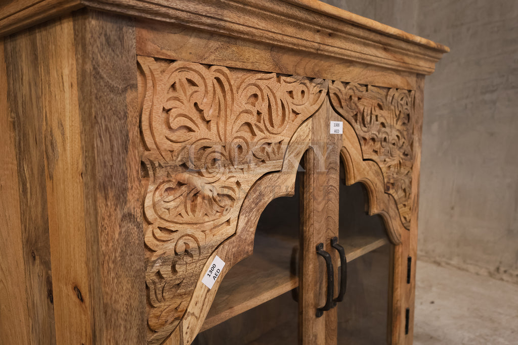 Carved mango wood glass door sideboard.