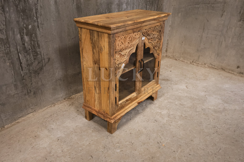 Carved mango wood glass door sideboard.