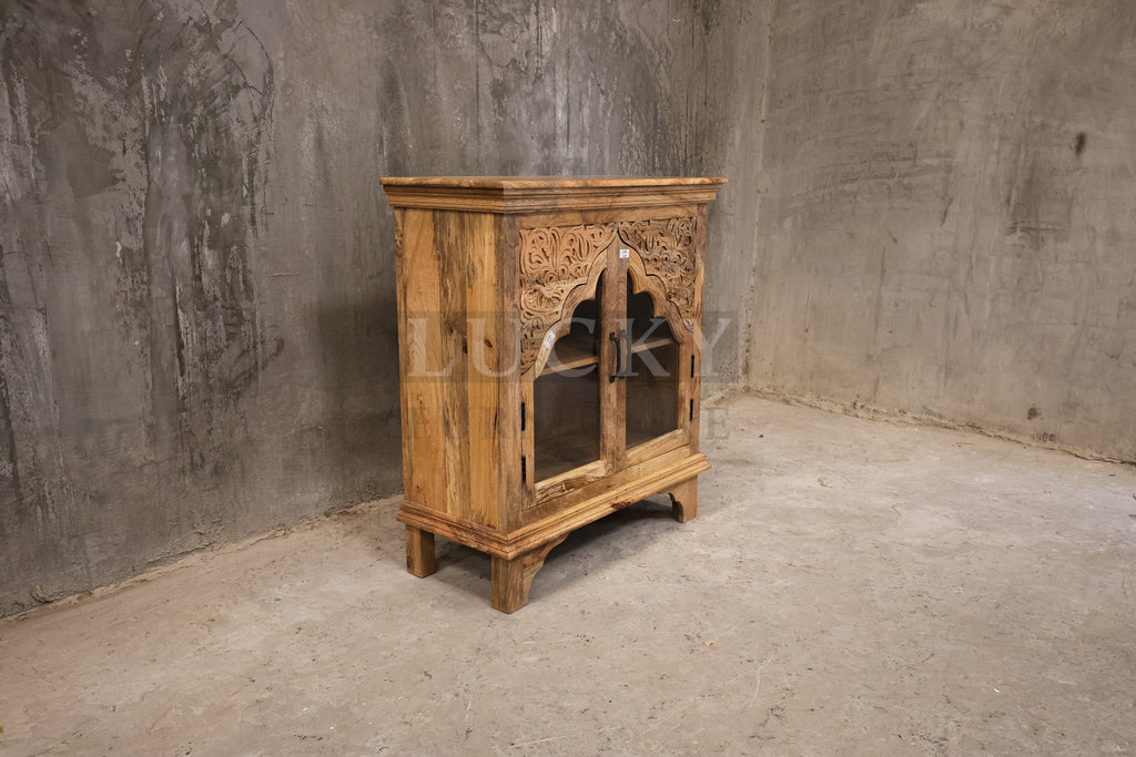 Carved mango wood glass door sideboard.