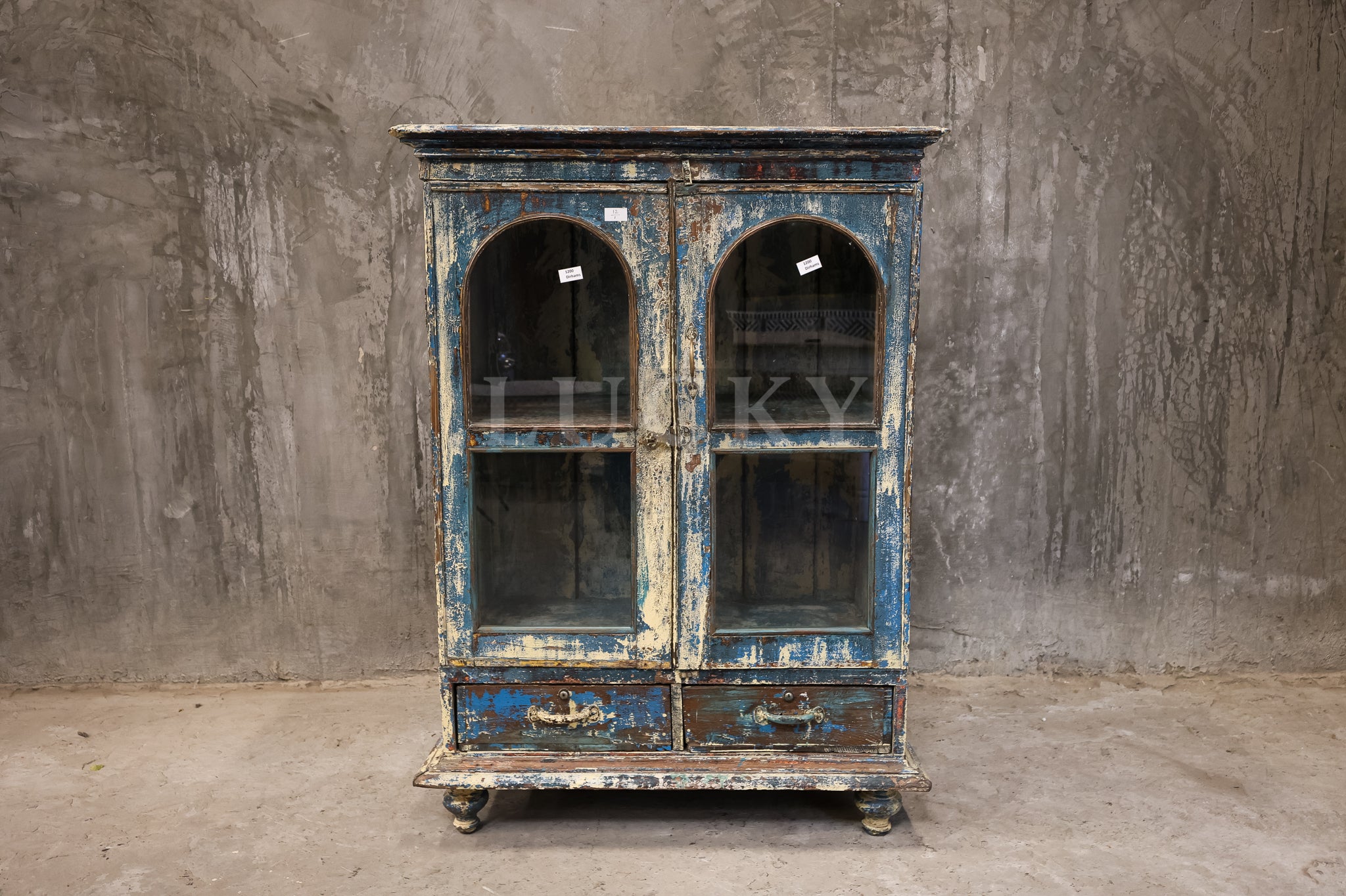 Vintage distressed one off glass cabinet.