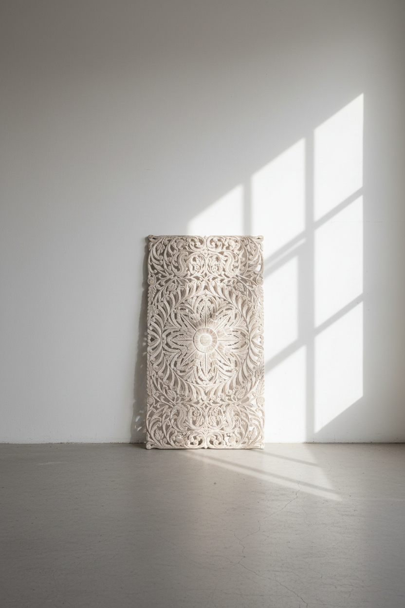 Whitewashed carved wooden panel.