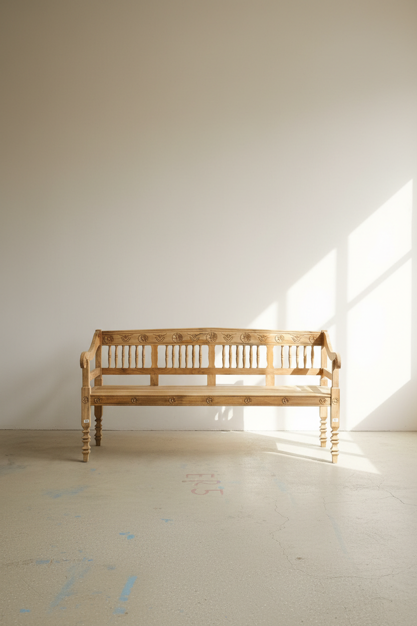 Mango wood bench with carving.