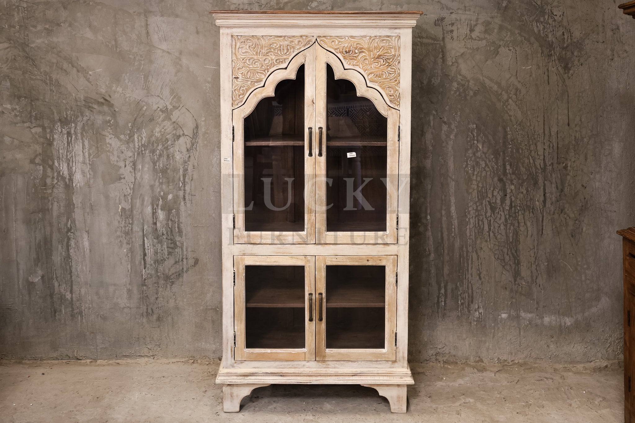 Carved two tone glass cabinet whitewashed and mango wood.