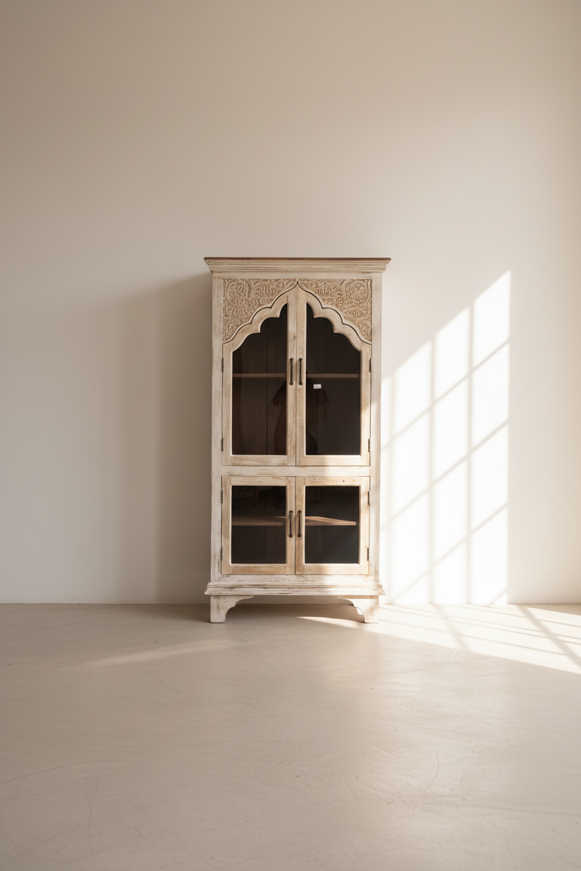 Carved two tone glass cabinet whitewashed and mango wood.