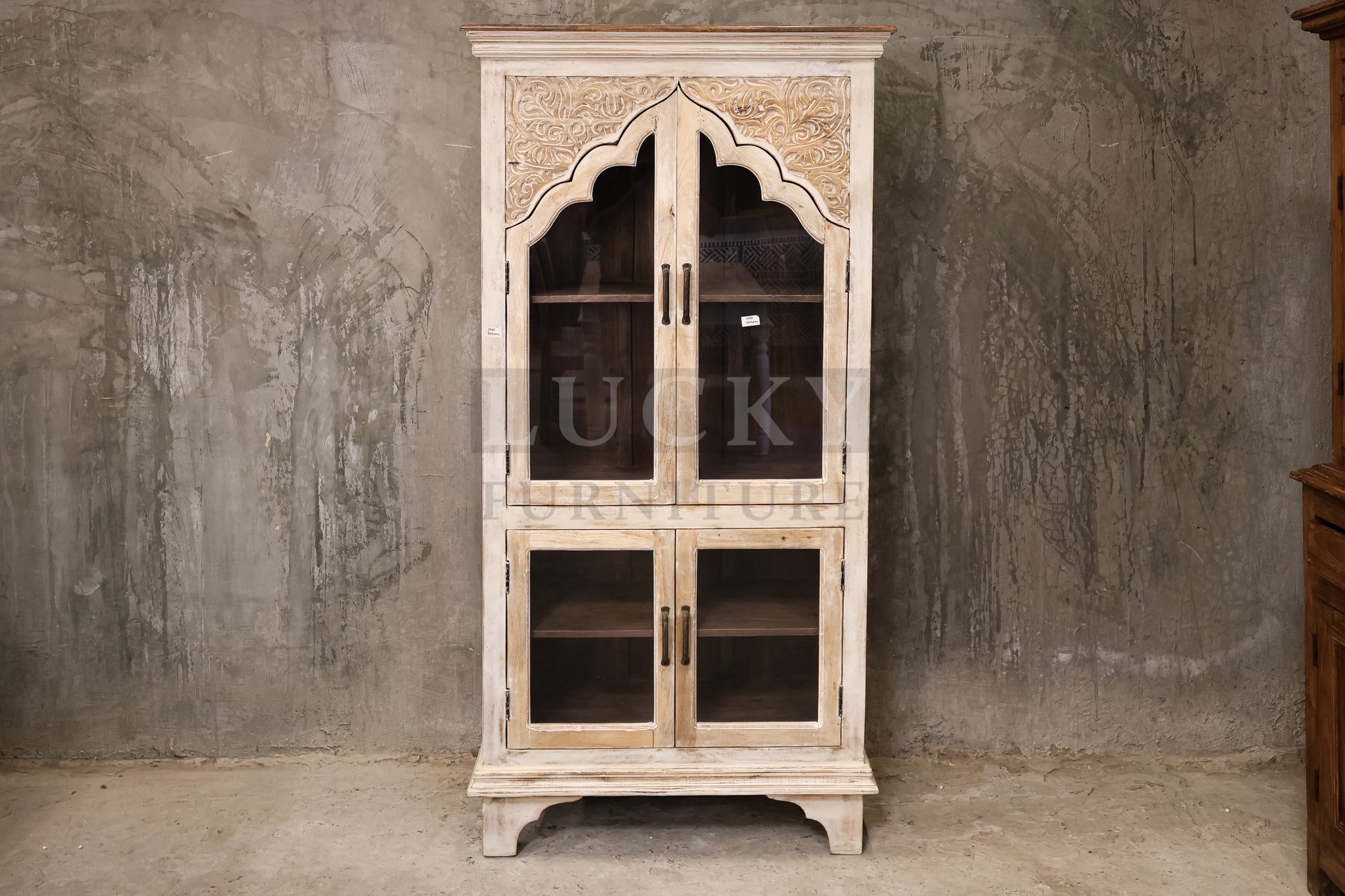Carved two tone glass cabinet whitewashed and mango wood.