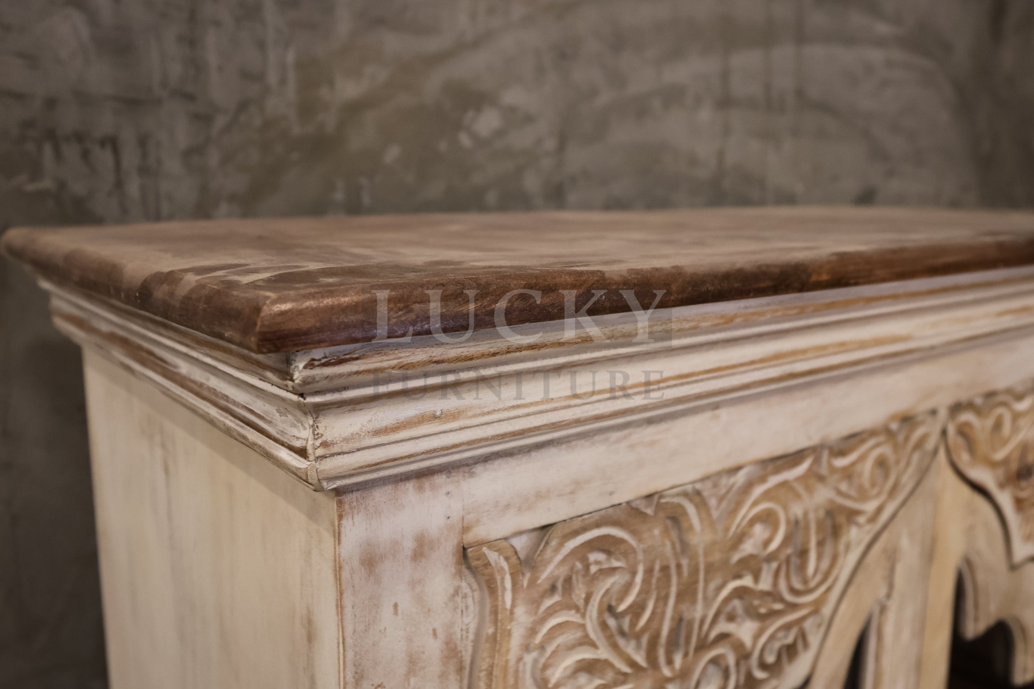 Carved two tone glass cabinet whitewashed and mango wood.