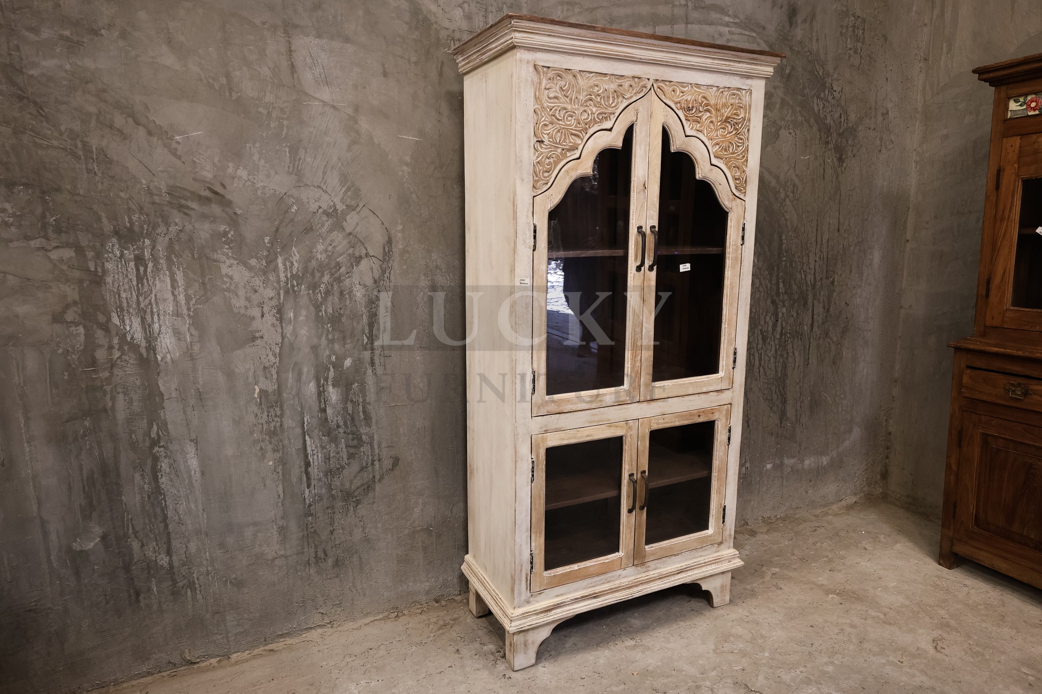 Carved two tone glass cabinet whitewashed and mango wood.