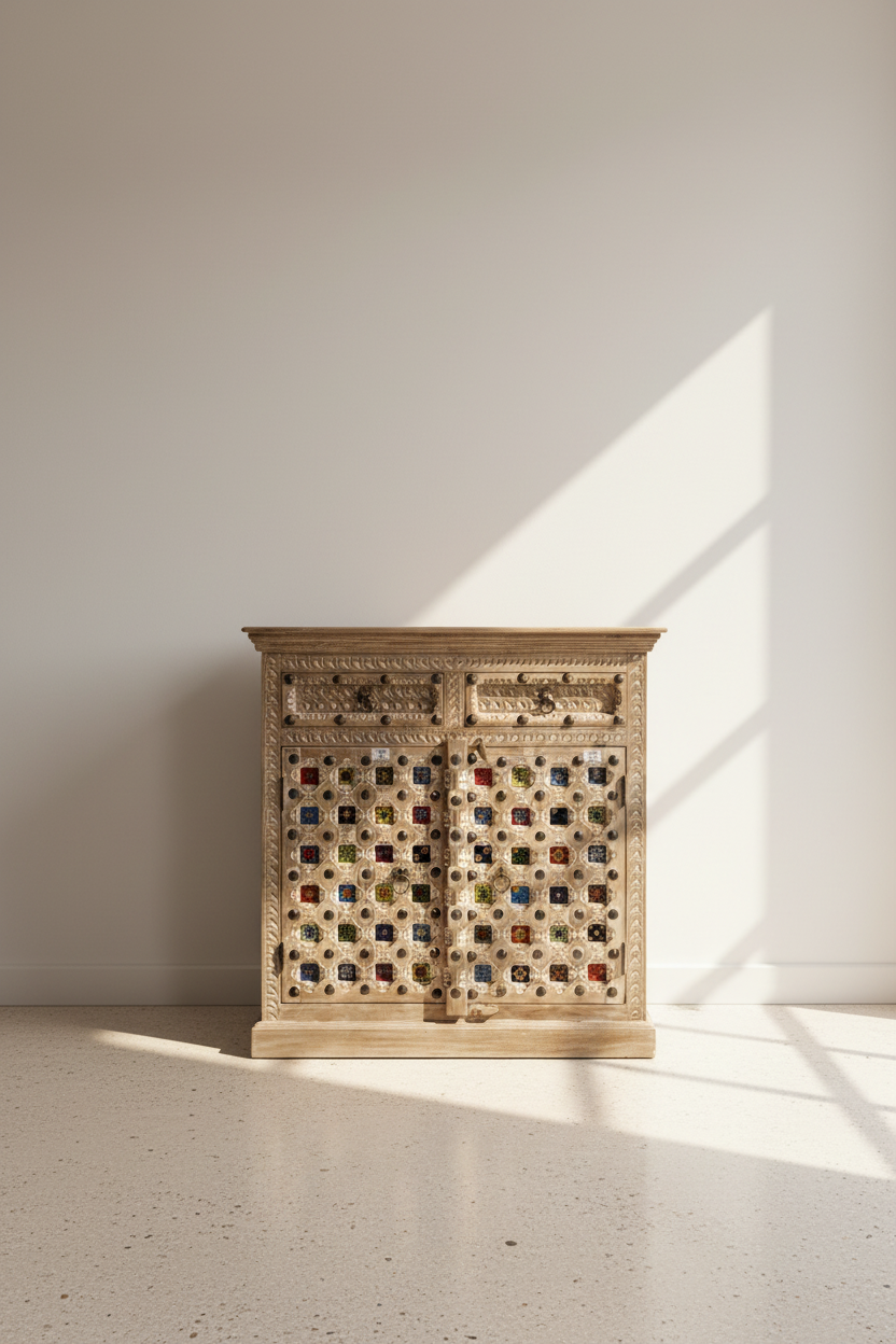 2" Tile Carved sideboard whitewashed.