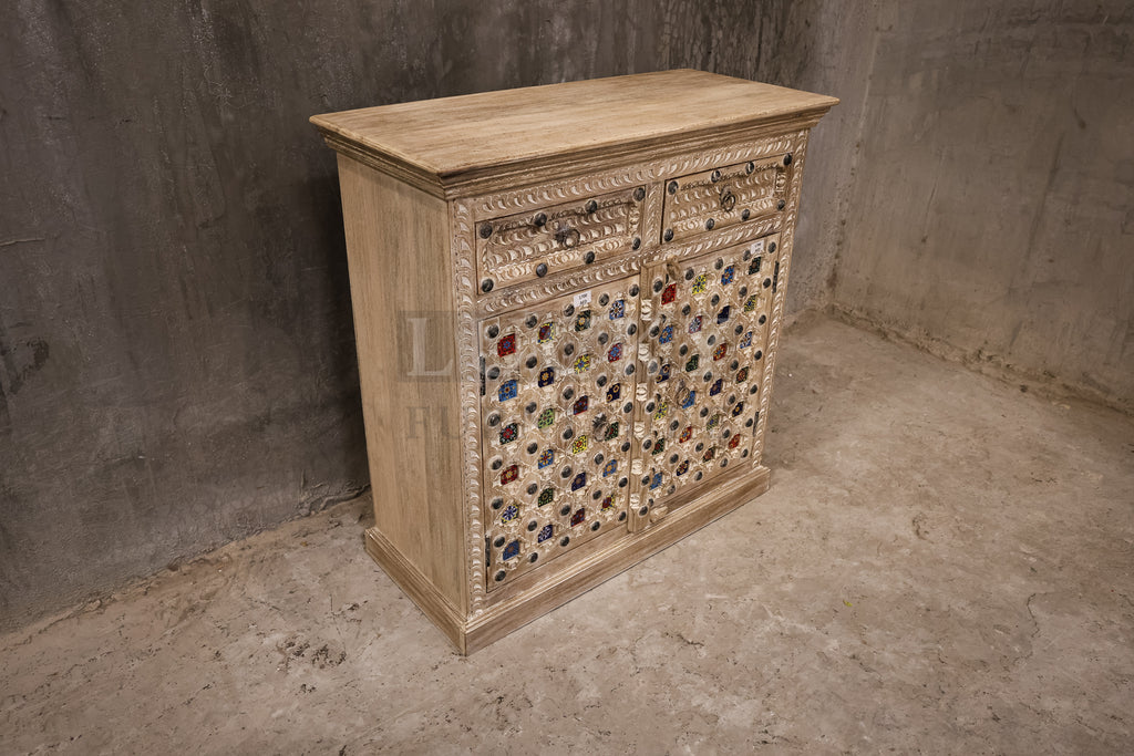 2" Tile Carved sideboard whitewashed.