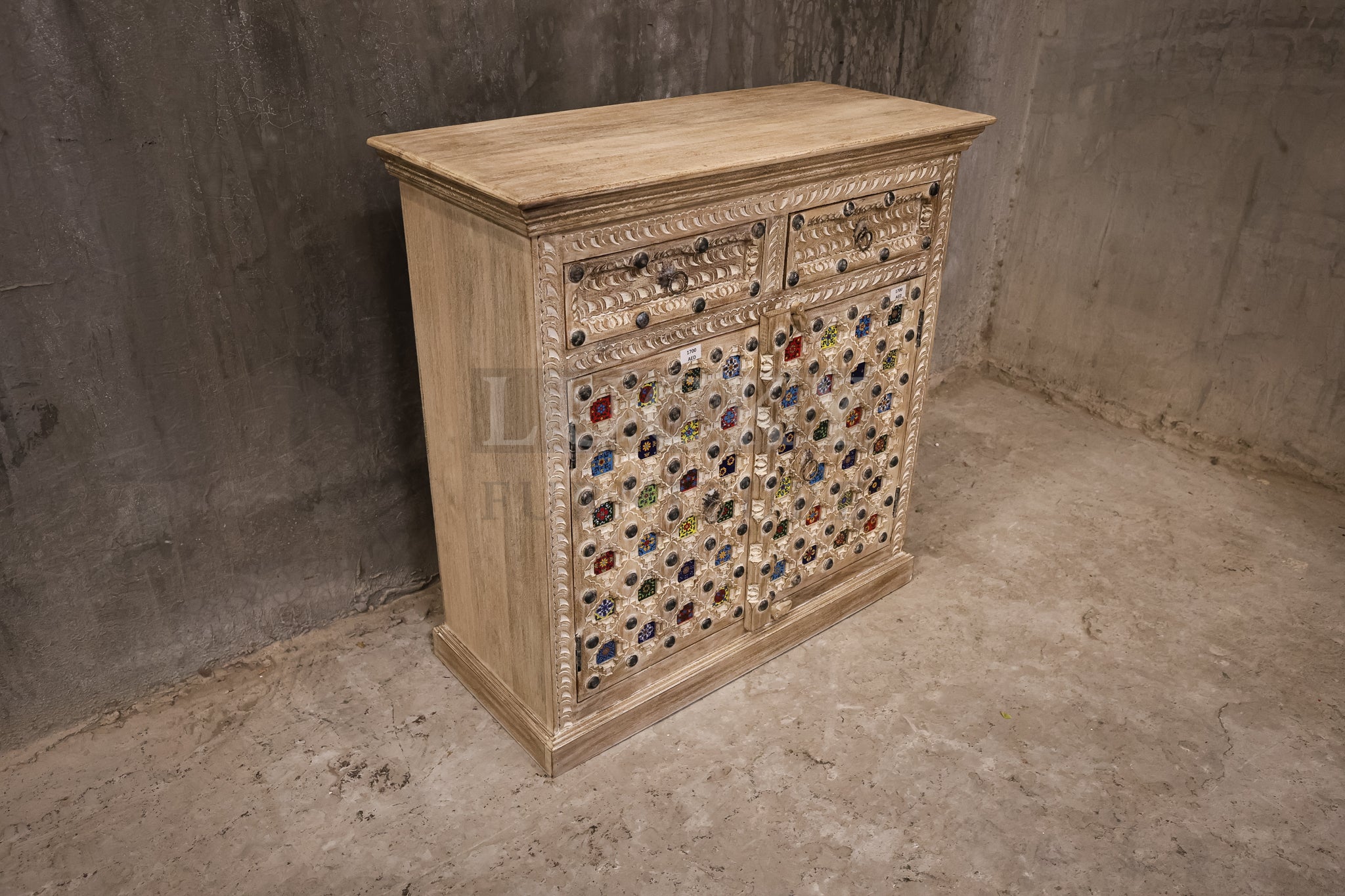 2" Tile Carved sideboard whitewashed.
